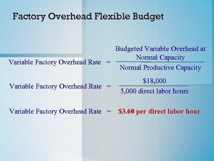 Factory Overhead Flexible Budgeted Variable Overhead at Normal Capacity Variable Factory Overhead Rate =