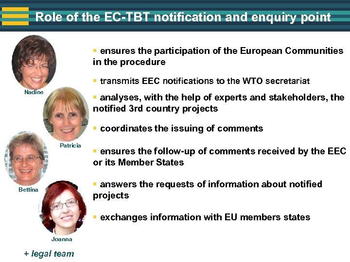 Role of the EC-TBT notification and enquiry point § ensures the participation of the