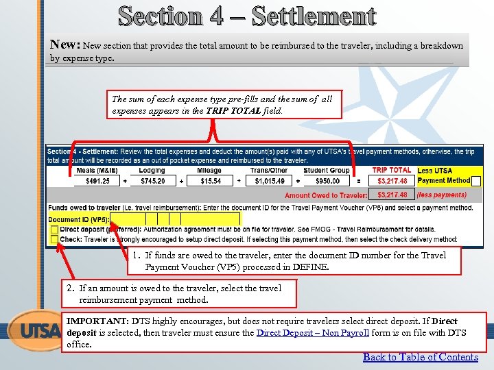 Section 4 – Settlement New: New section that provides the total amount to be