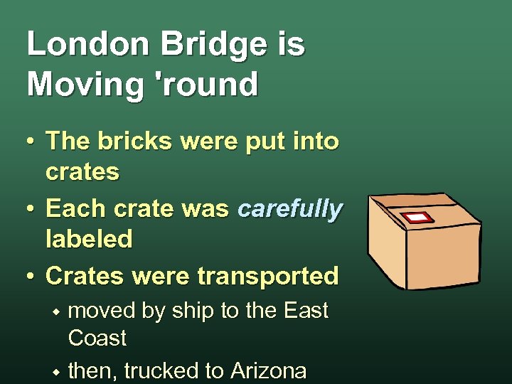 London Bridge is Moving 'round • The bricks were put into crates • Each