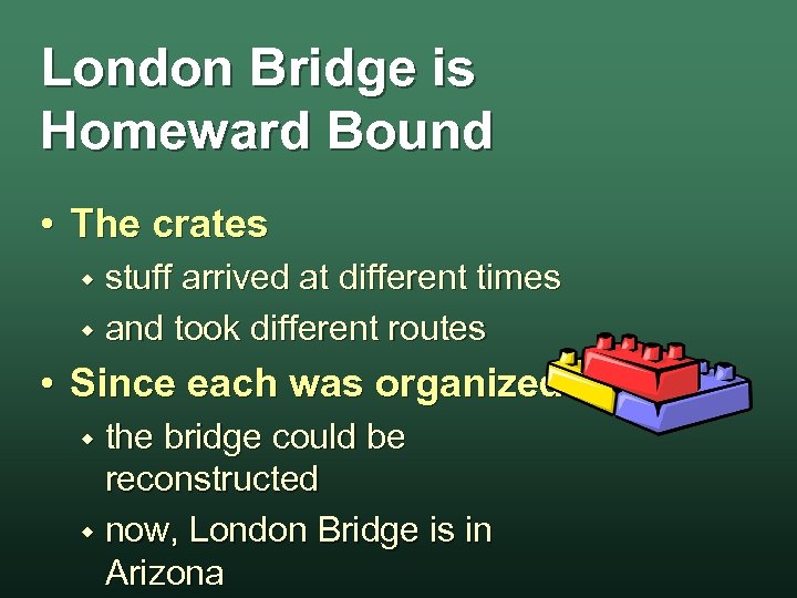 London Bridge is Homeward Bound • The crates stuff arrived at different times w