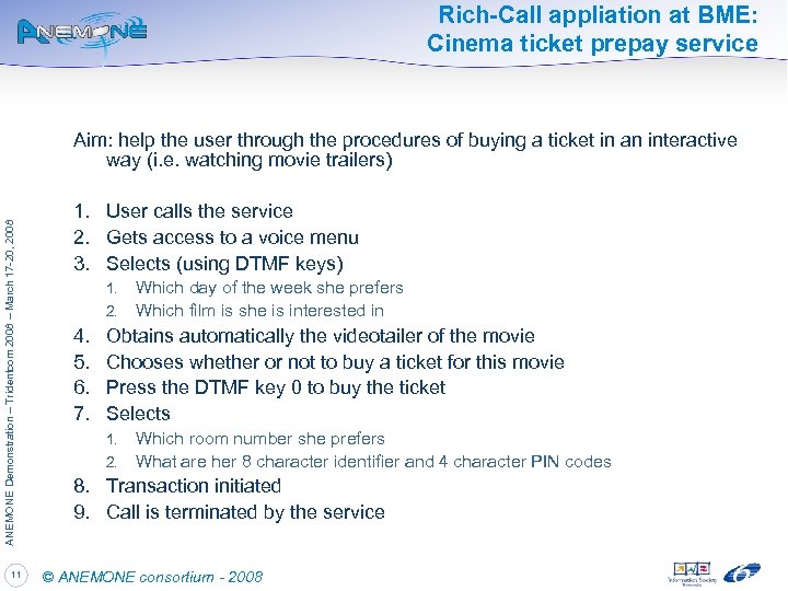 Rich-Call appliation at BME: Cinema ticket prepay service ANEMONE Demonstration – Tridentcom 2008 –