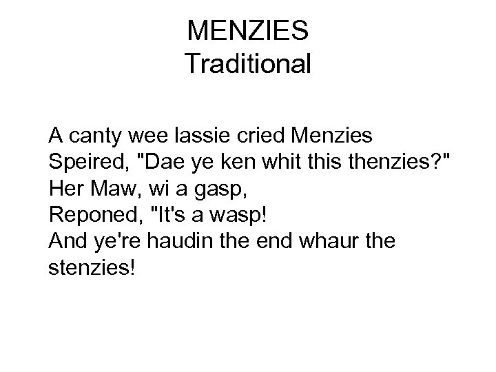 MENZIES Traditional A canty wee lassie cried Menzies Speired, 