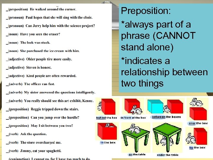 Preposition: *always part of a phrase (CANNOT stand alone) *indicates a relationship between two
