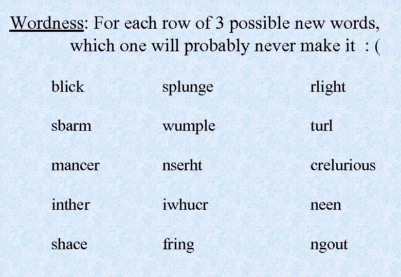 Wordness: For each row of 3 possible new words, which one will probably never