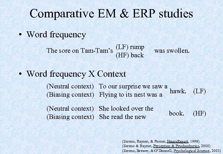 Comparative EM & ERP studies • Word frequency (LF) rump The sore on Tam-Tam’s
