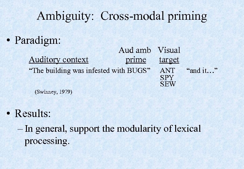 Ambiguity: Cross-modal priming • Paradigm: Auditory context Aud amb Visual prime target “The building