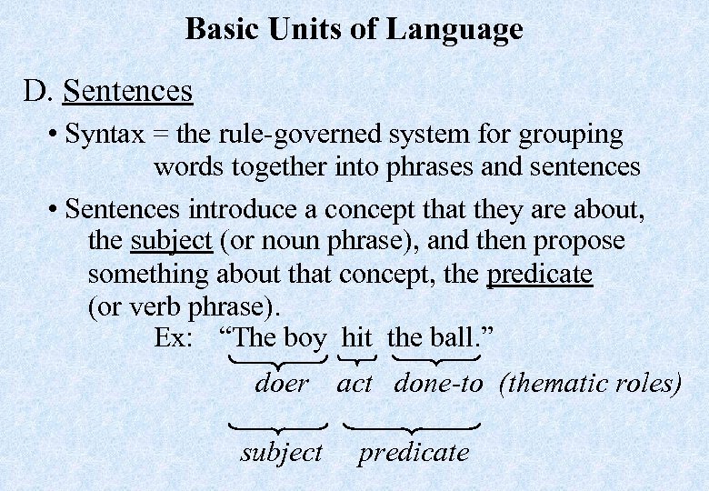 Basic Units of Language D. Sentences • Syntax = the rule-governed system for grouping