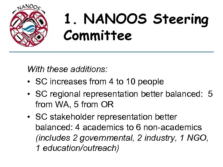 1. NANOOS Steering Committee With these additions: • SC increases from 4 to 10