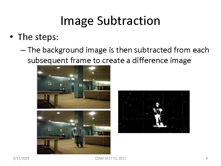 Image Subtraction • The steps: – The background image is then subtracted from each