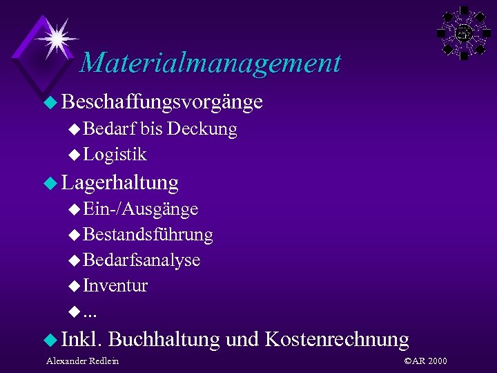 Materialmanagement u Beschaffungsvorgänge u Bedarf bis Deckung u Logistik u Lagerhaltung u Ein-/Ausgänge u