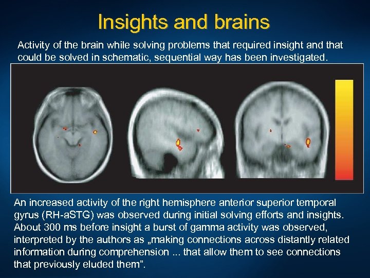 Insights and brains Activity of the brain while solving problems that required insight and