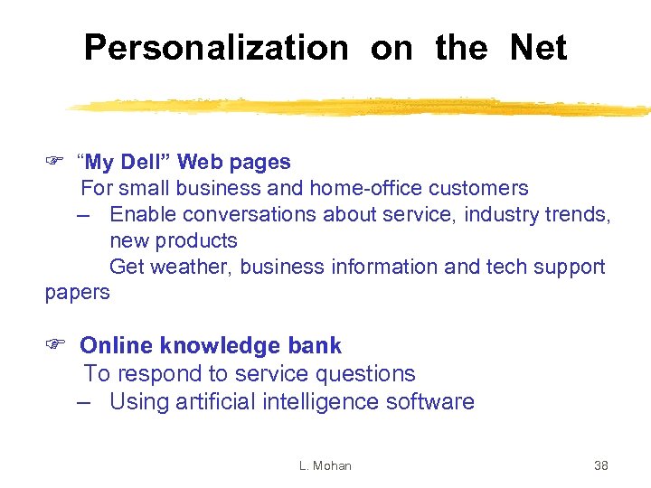 Personalization on the Net F “My Dell” Web pages For small business and home-office