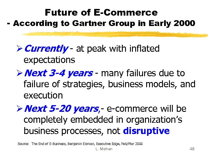 Future of E-Commerce - According to Gartner Group in Early 2000 Ø Currently -