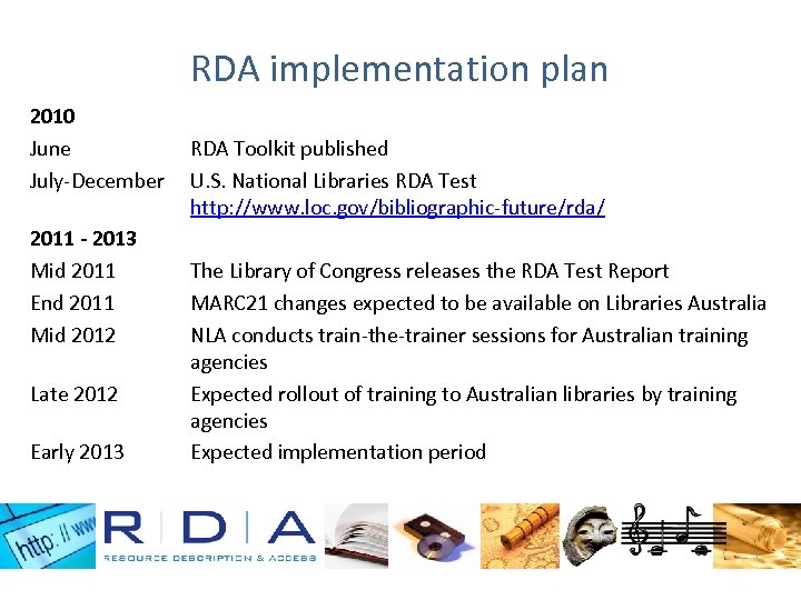 RDA implementation plan 2010 June July-December 2011 - 2013 Mid 2011 End 2011 Mid