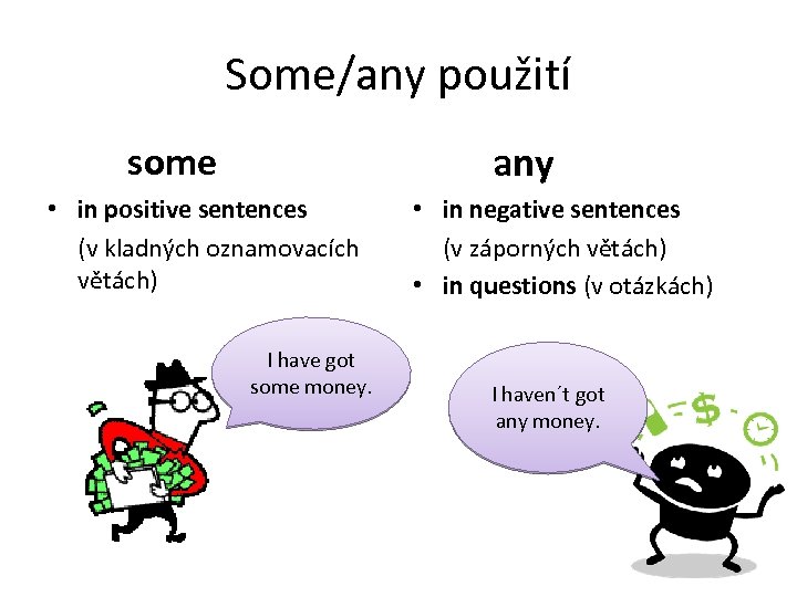 Some/any použití any some • in positive sentences (v kladných oznamovacích větách) I have