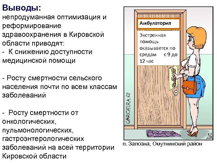 Выводы: непродуманная оптимизация и реформирование здравоохранения в Кировской области приводят: - К снижению доступности