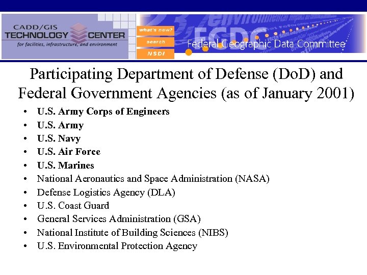 Participating Department of Defense (Do. D) and Federal Government Agencies (as of January 2001)