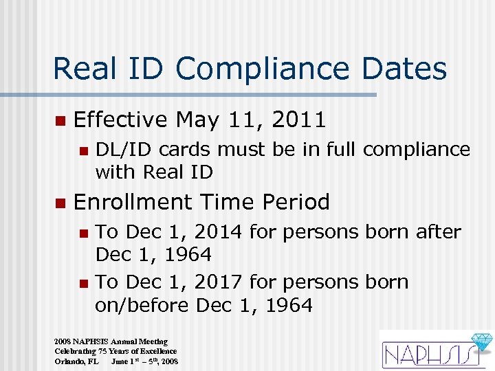 Real ID Compliance Dates n Effective May 11, 2011 n n DL/ID cards must