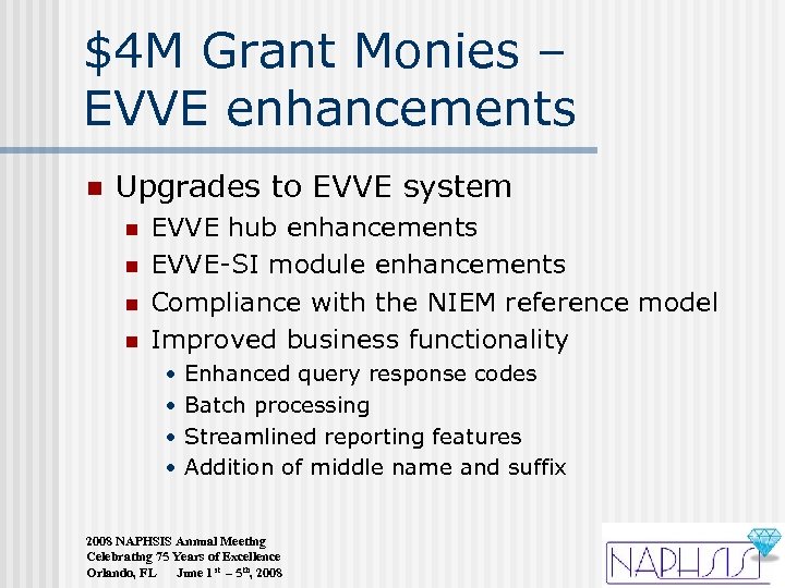 $4 M Grant Monies – EVVE enhancements n Upgrades to EVVE system n n