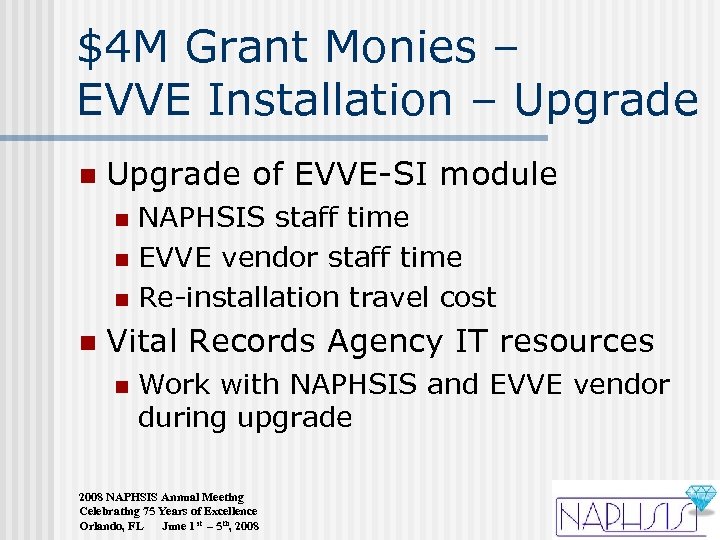 $4 M Grant Monies – EVVE Installation – Upgrade n Upgrade of EVVE-SI module