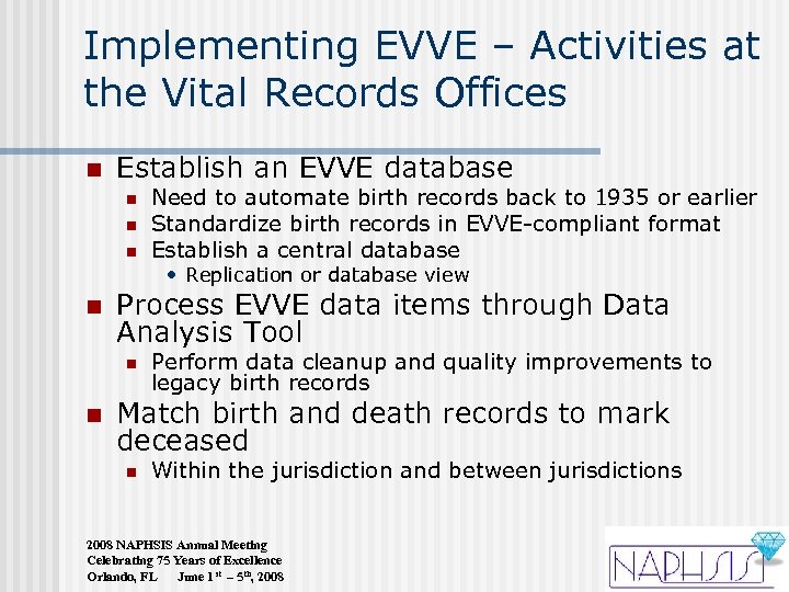 Implementing EVVE – Activities at the Vital Records Offices n Establish an EVVE database