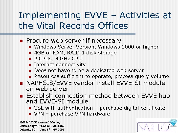 Implementing EVVE – Activities at the Vital Records Offices n Procure web server if
