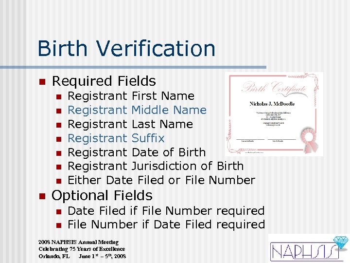 Birth Verification n Required Fields n n n n Registrant First Name Registrant Middle