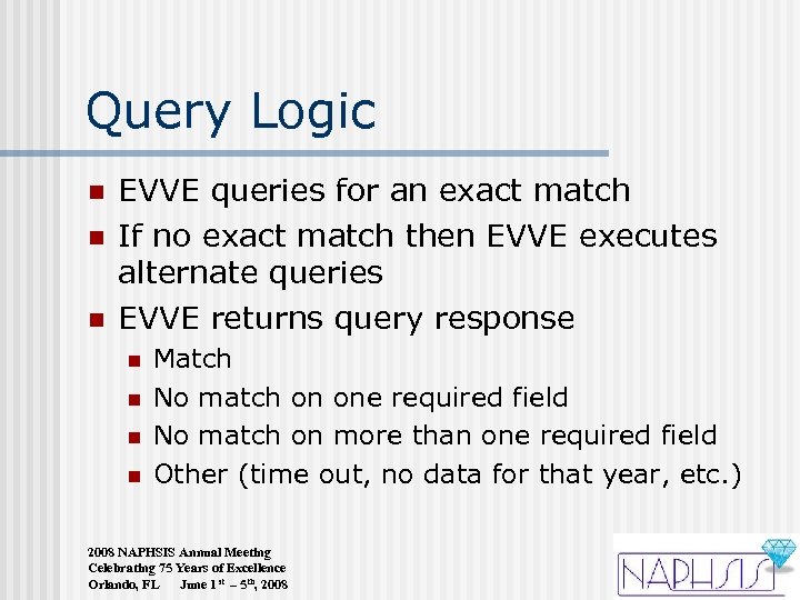 Query Logic n n n EVVE queries for an exact match If no exact