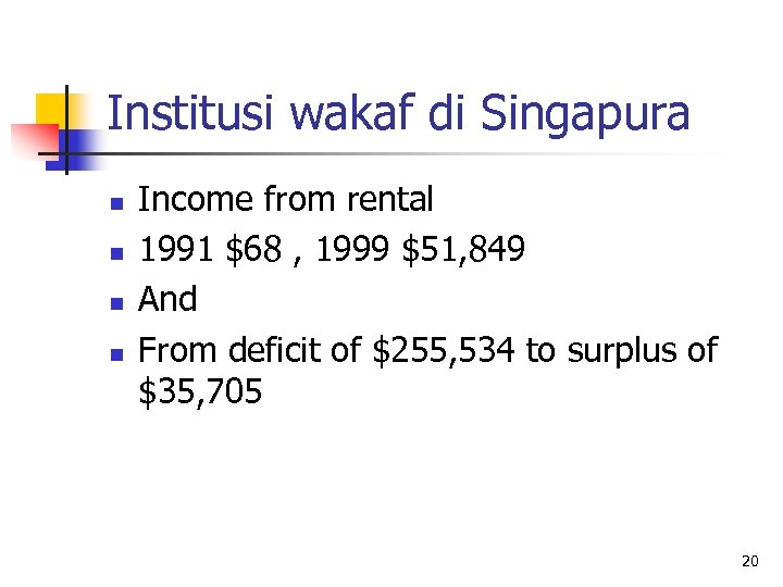 Institusi wakaf di Singapura n n Income from rental 1991 $68 , 1999 $51,