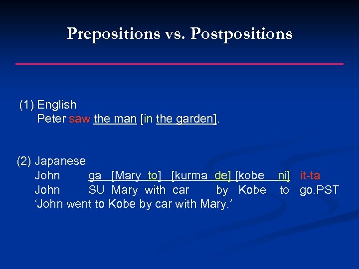 Prepositions vs. Postpositions (1) English Peter saw the man [in the garden]. (2) Japanese