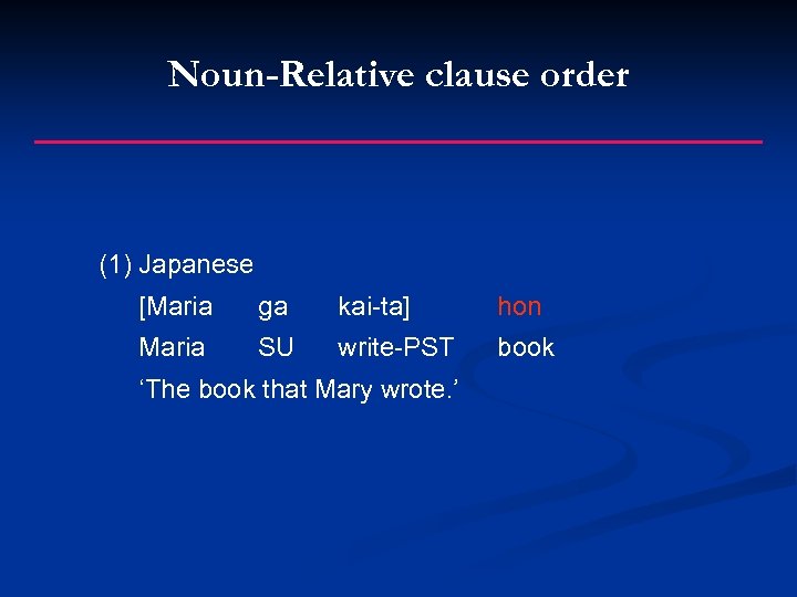 Noun-Relative clause order (1) Japanese [Maria ga kai-ta] hon Maria SU write-PST book ‘The