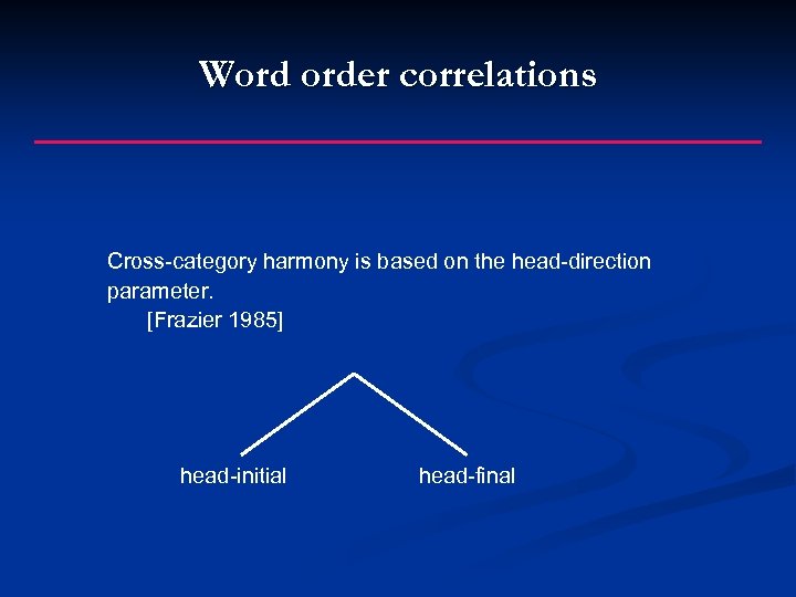Word order correlations Cross-category harmony is based on the head-direction parameter. [Frazier 1985] head-initial