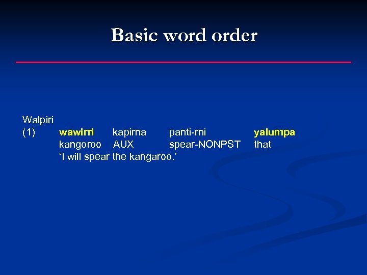 Basic word order Walpiri (1) wawirri kapirna panti-rni kangoroo AUX spear-NONPST ‘I will spear