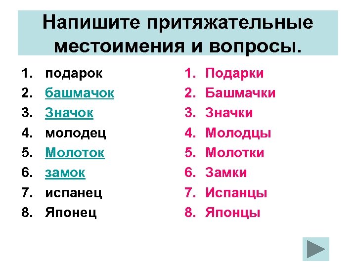 Напишите притяжательные местоимения и вопросы. 1. 2. 3. 4. 5. 6. 7. 8. подарок
