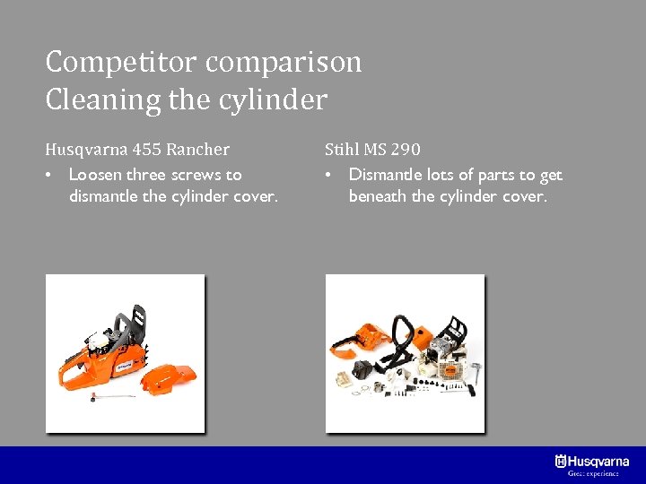 Competitor comparison Cleaning the cylinder Husqvarna 455 Rancher • Loosen three screws to dismantle