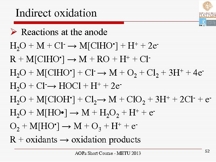 Indirect oxidation Ø Reactions at the anode H 2 O + M + Cl-