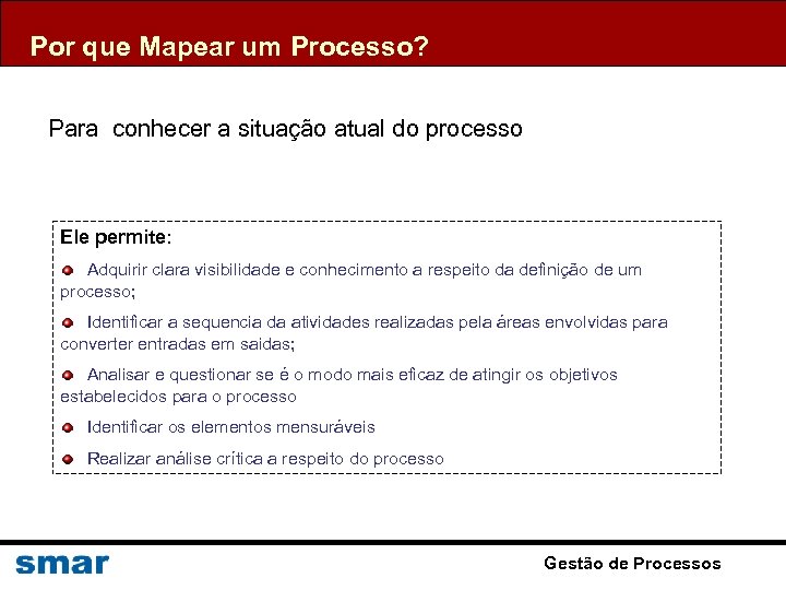 Por que Mapear um Processo? Para conhecer a situação atual do processo Ele permite: