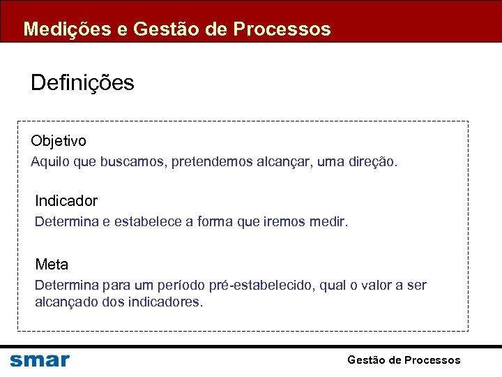 Medições e Gestão de Processos Definições Objetivo Aquilo que buscamos, pretendemos alcançar, uma direção.