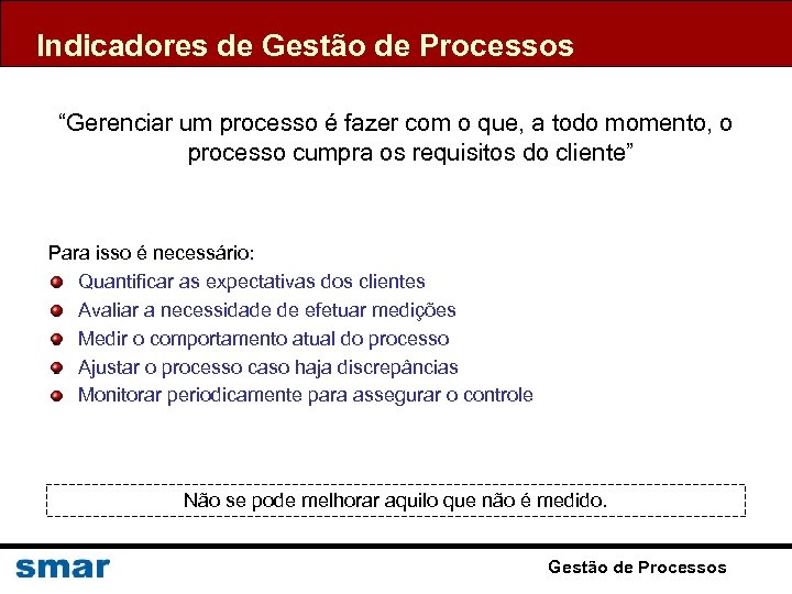 Indicadores de Gestão de Processos “Gerenciar um processo é fazer com o que, a