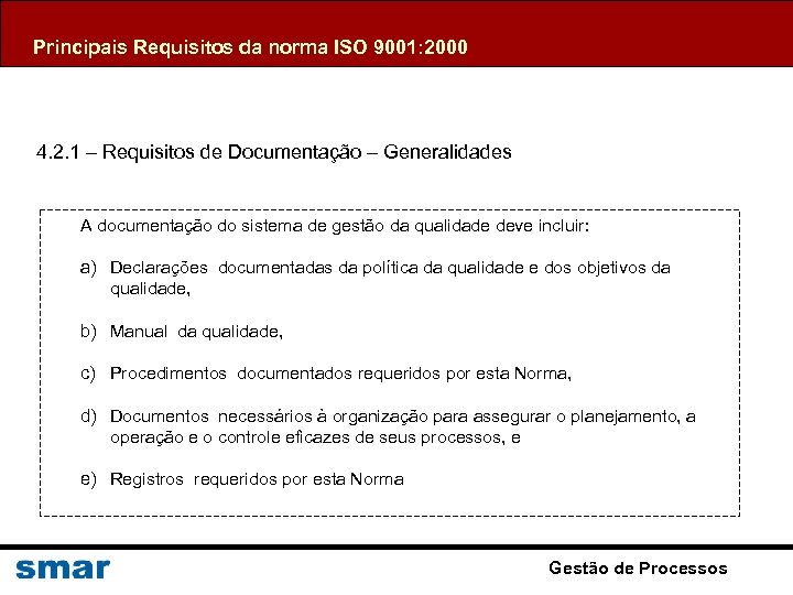 Principais Requisitos da norma ISO 9001: 2000 4. 2. 1 – Requisitos de Documentação