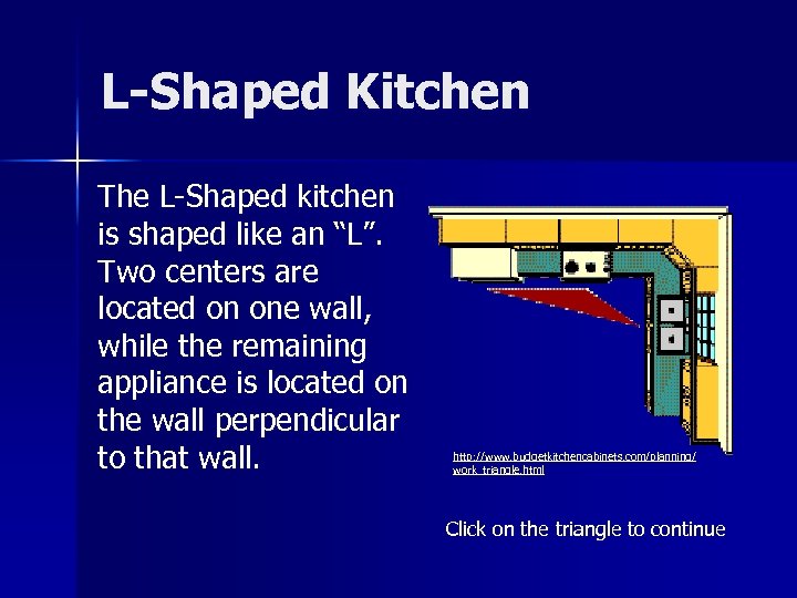 L-Shaped Kitchen The L-Shaped kitchen is shaped like an “L”. Two centers are located
