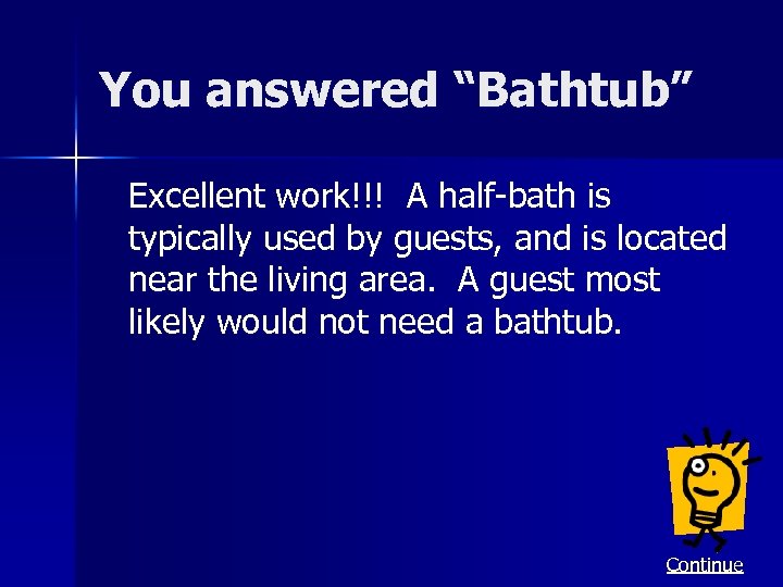 You answered “Bathtub” Excellent work!!! A half-bath is typically used by guests, and is