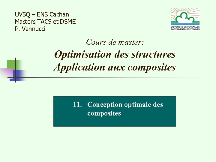 UVSQ – ENS Cachan Masters TACS et DSME P. Vannucci Cours de master: Optimisation