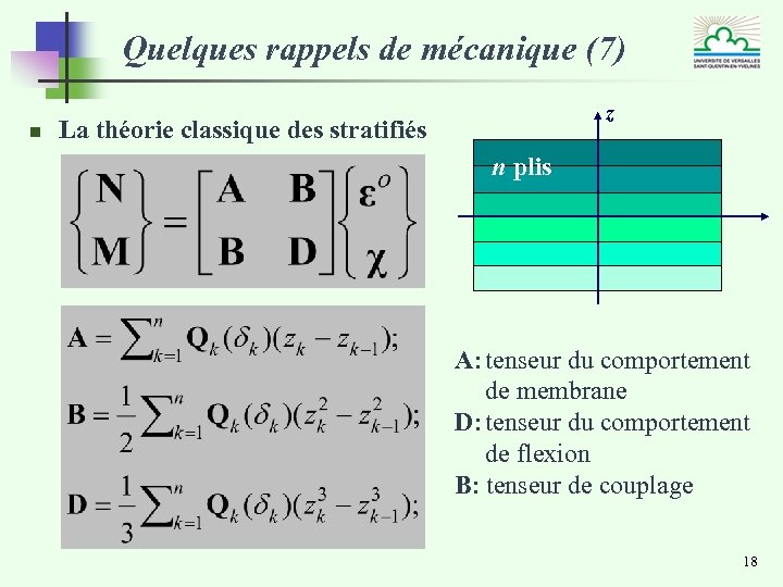 Quelques rappels de mécanique (7) n z La théorie classique des stratifiés n plis