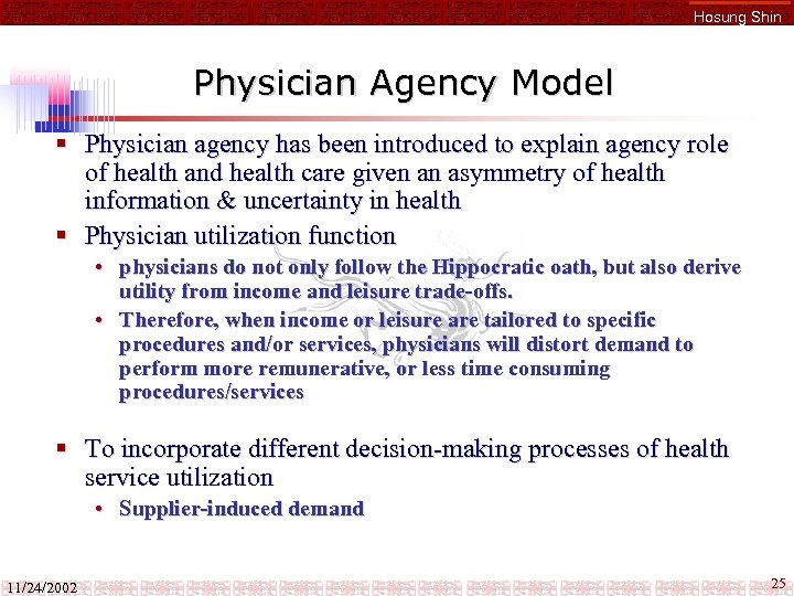 Hosung Shin Physician Agency Model § Physician agency has been introduced to explain agency