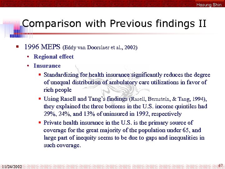 Hosung Shin Comparison with Previous findings II § 1996 MEPS (Eddy van Doorslaer et