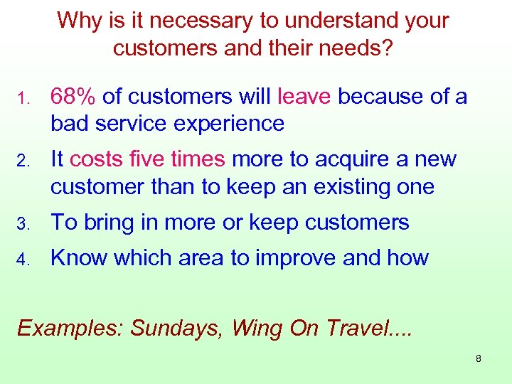 Why is it necessary to understand your customers and their needs? 1. 68% of