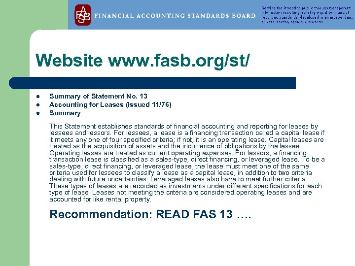 Website www. fasb. org/st/ l l l Summary of Statement No. 13 Accounting for