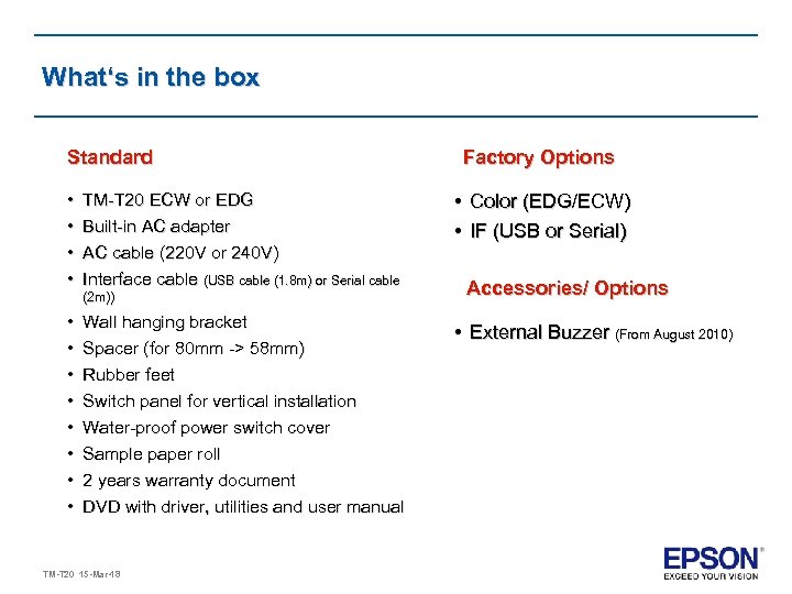 What‘s in the box Standard • • TM-T 20 ECW or EDG Built-in AC